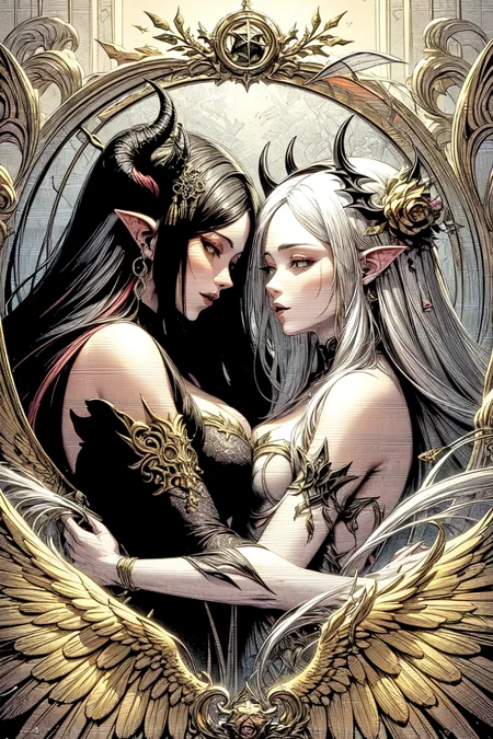 (best quality, masterpiece, colorful, dynamic angle, highest detailed),(high resolution textures), in dynamic pose, bokeh, (intricate details), official art, highest detailed,natural skin texture, perfect face
half-body portrait,2 girl, demon girl, angel girl. Vibrant, captivating colors,elegant attire. The demoness boasts lustrous, obsidian hair, the angel has resplendent, golden locks, both against a celestial backdrop. They stand in a harmonious, yet contrasting pose, representing the balance between darkness and light
more detail,detail, <lora:DETALLES--more_details:0.5>