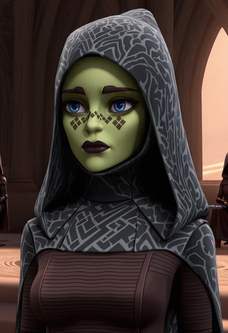 <lora:Barriss_Offee:1> barriss_offee, 1girl, female focus, mirialan, green_skin, face_tattoo, diamond_face_tattoo, original_appearance, jedi_robes, hooded_cloak, clone_wars_style, star_wars_background