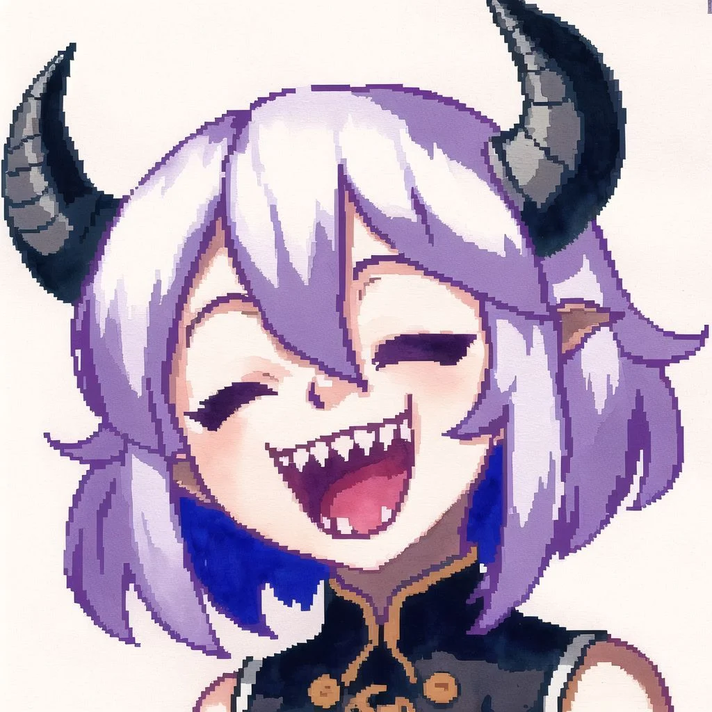 <lora:hcnone:1>, hcnone, pixel art,
1girl, arms under breasts, black horns, buttons, closed eyes, demon girl, horns, limited palette, open mouth, painting \(medium\), sharp teeth, short hair, smile, teeth, traditional media, watercolor \(medium\), white background, white hair