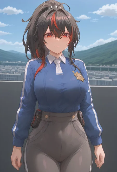 by yohan, ((ultra-detailed)), ((illustration)),ultra detailed anime artwork, high ponytail, streaked hair, KJOzhu, high ponytail, streaked hair, dark hair, red eyes, streaked hair, thick thighs,<lora:zhuyuan2:0.8>