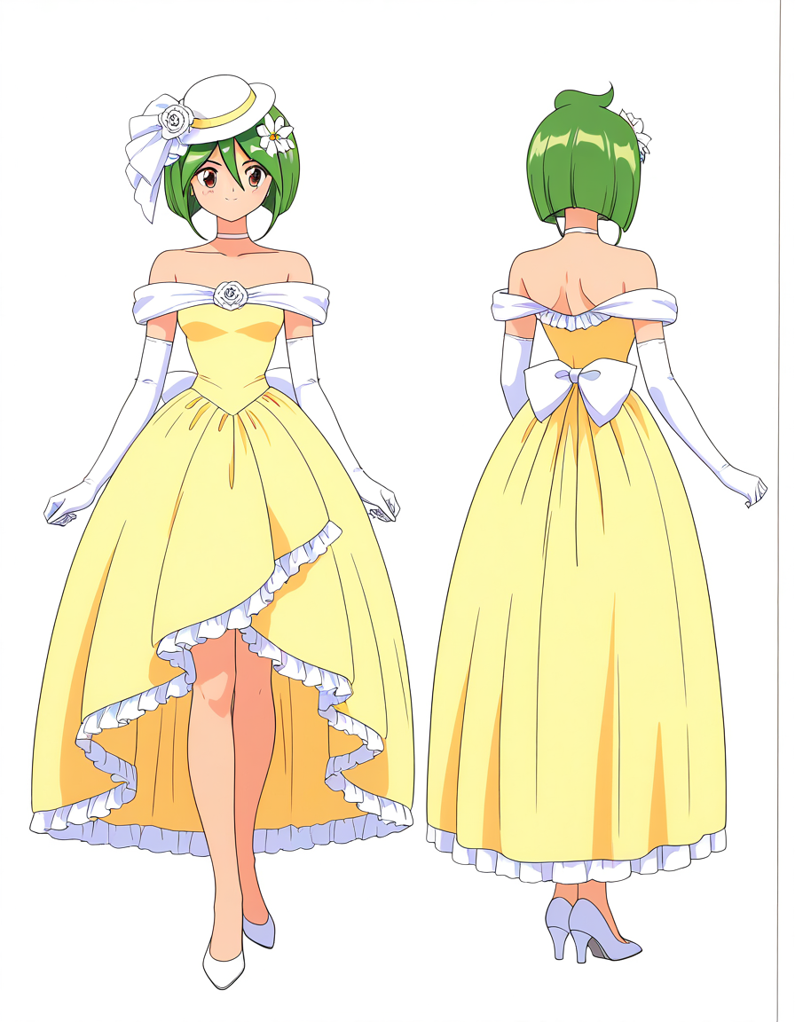 general,highres, ultra-detailed,very aesthetic,best quality ,best hands,  BREAK <lora:Tamano_Hinagiku_IS:1> Tamano_Hinagiku, 1girl,solo, green hair, short hair, brown eyes, hair between eyes, 1990s (style),anime coloring, smile,
wedding dress, high heels, gloves, elbow gloves, 
reference sheet, hat, turnaround, flower, full body, bow, bob cut, shoes, choker, white footwear, yellow dress, smile, standing, hair ornament,
white gloves, white background, frills, simple background, bare shoulders, hair flower
city, outdoor, day, sky,