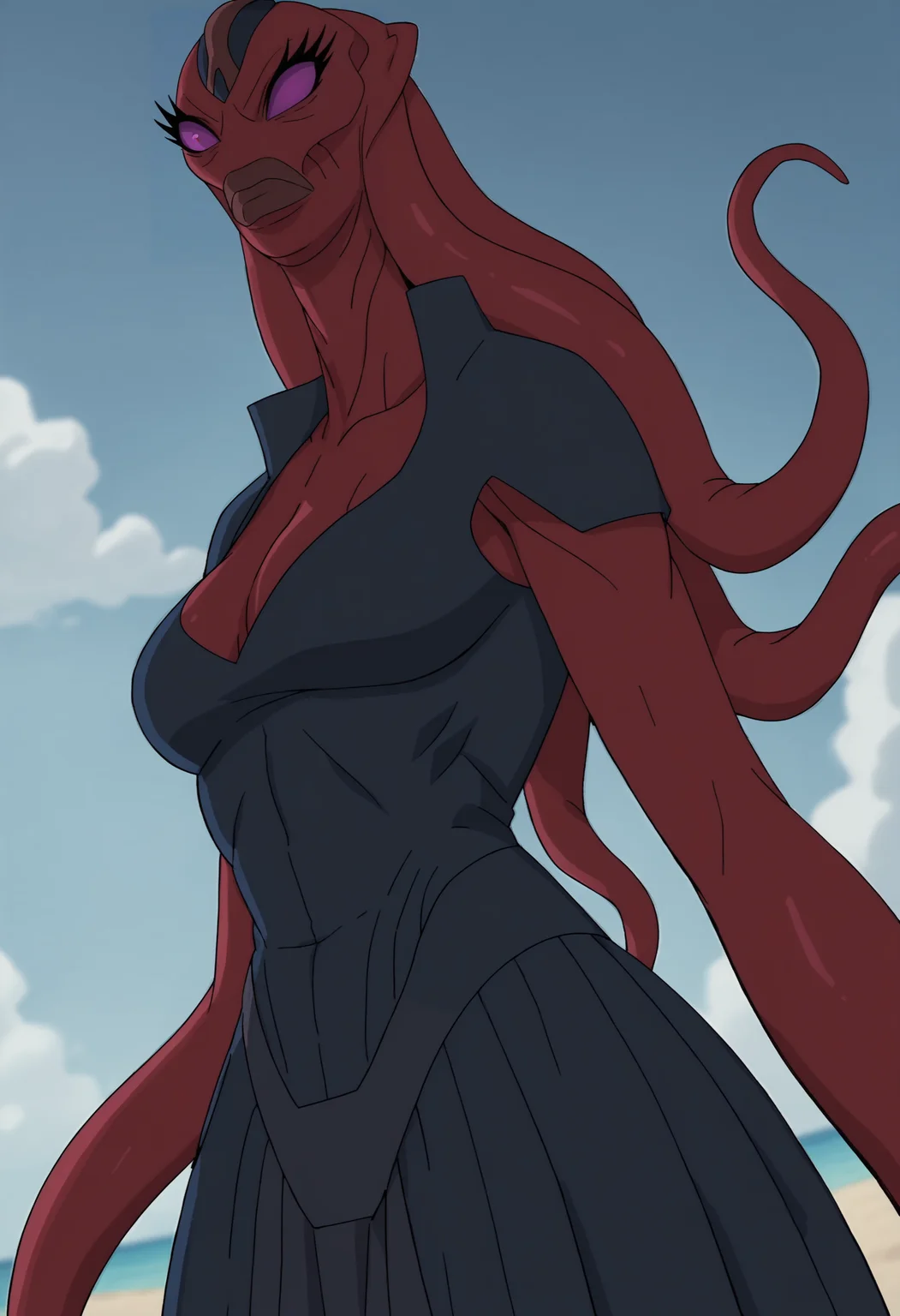 score_9, score_8_up, score_7_up, score_6_up, score_5_up, score_4_up, 1girl, <lora:LucyGOTG:0.85> solo, breasts, colored skin, red skin, purple eyes, no pupils, eyelashes, lips, monster girl, alien, tentacles, tentacle hair, dress, cleavage, full body, upper body, from below, angry, looking at viewer,
(beach background), sky, clouds