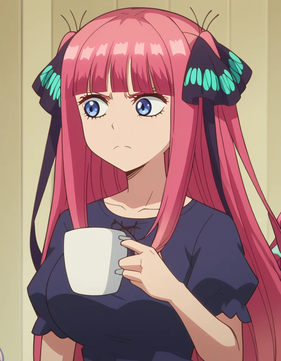 score_9, score_8_up, score_7_up, source_anime, <lora:nino-nakano-s1-ponyxl-lora-nochekaiser:1>, nino nakano, long hair, bangs, blue eyes, hair ornament, hair ribbon, pink hair, blunt bangs, two side up, butterfly hair ornament, large breasts, anime screencap, <lora:shinji-holding-a-mug-ponyxl-lora-nochekaiser:1>, shinji holding a mug, holding, cup, frown, holding cup, mug, indoors, solo, ,