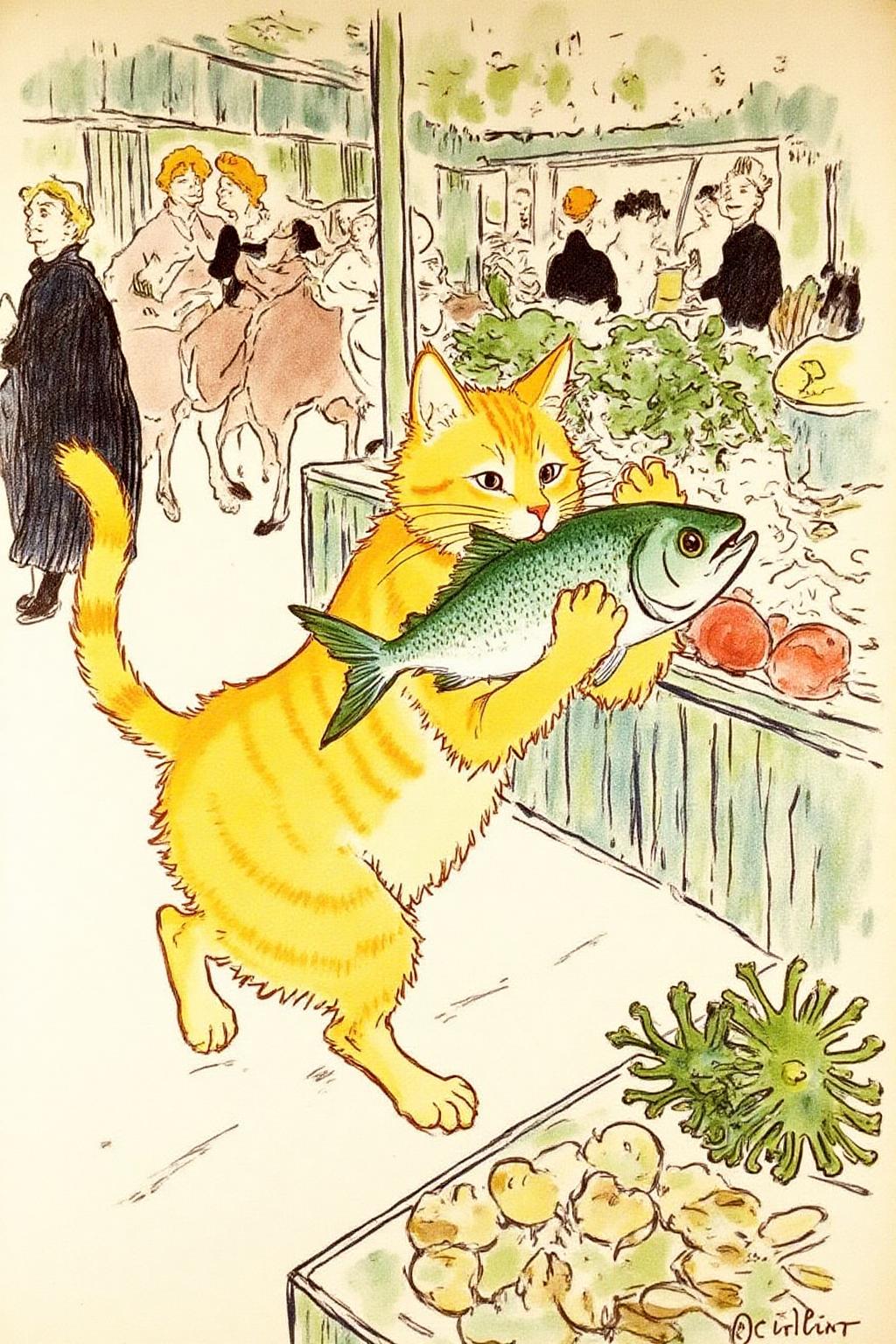 lautrec1 illustration 
This is a whimsical, hand-drawn illustration with a soft, pastel color palette, reminiscent of the Art Nouveau style. The scene depicts a golden tabby stealing a fish, running away in a market <lora:lautrec1_cap_d6a3e11:1.0><lora:810962217441870210:0>