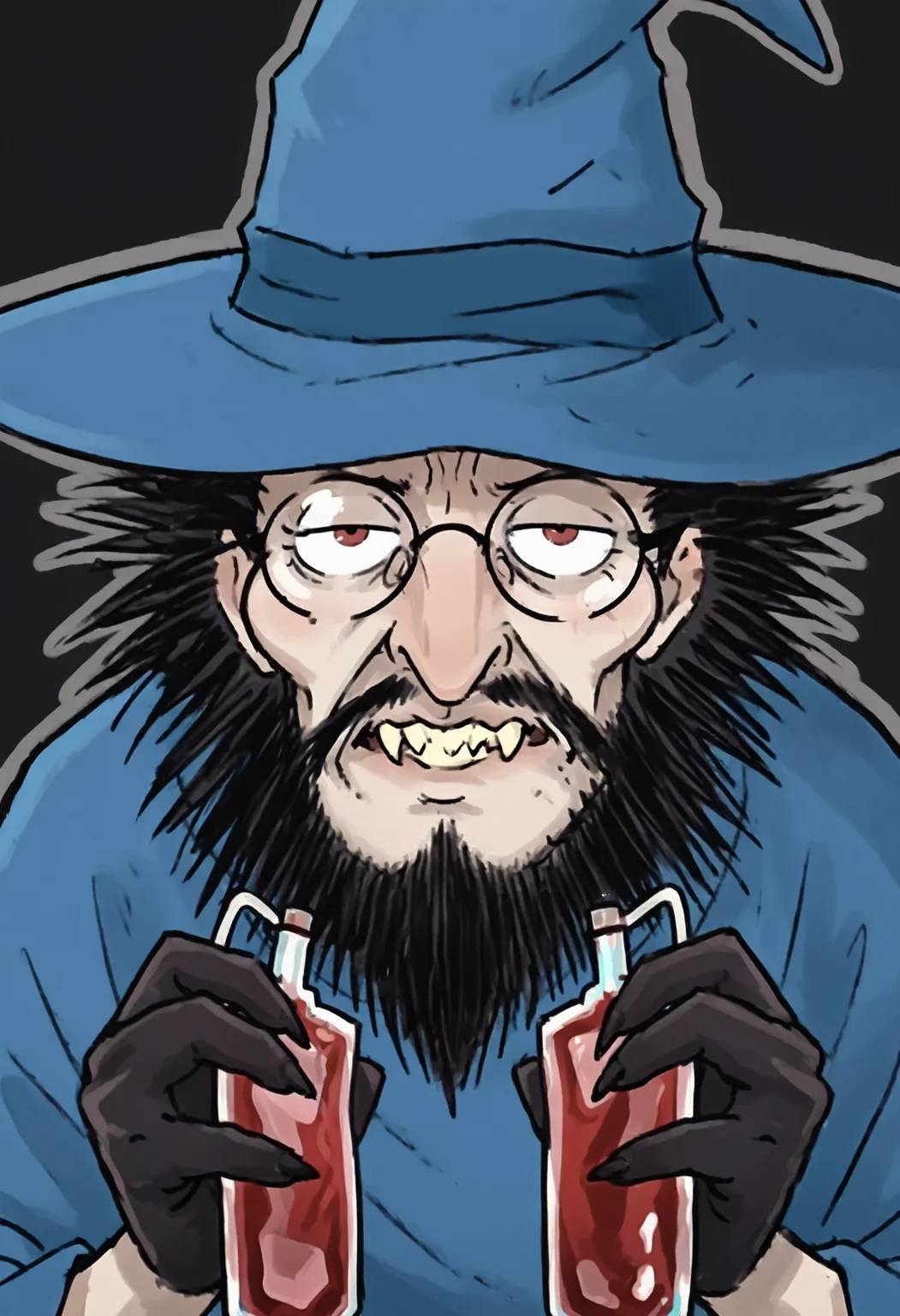 official style, anime coloring, masterpiece,best quality, amazing quality, FACE focus, portrait, 8K UHD,1man, vampire, kevinHP, wizard hat, glasses, broken lens, black beard, black hair, fangs, blue robe, holding a transfusion blood bag, <lora:KevinHP_V.01-000035:0.8>, black hands, black claw <lora:handsomize_x_pdxl_v1:1> handsomize