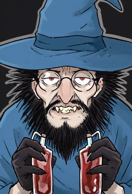 official style, anime coloring, masterpiece,best quality, amazing quality, FACE focus, portrait, 8K UHD,1man, vampire, kevinHP, wizard hat, glasses, broken lens, black beard, black hair, fangs, blue robe, holding a transfusion blood bag,   <lora:KevinHP_V.01-000035:0.8>, black hands, black claw <lora:handsomize_x_pdxl_v1:1> handsomize