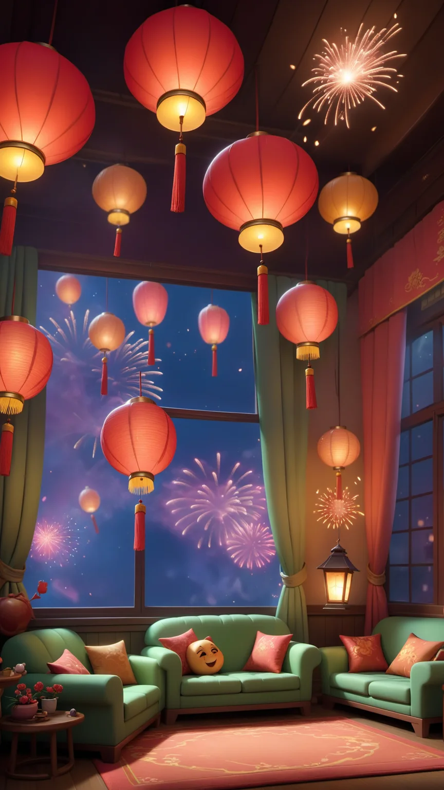 cjcj,lantern,no_humans,night,fireworks,lots of lanterns,cartoon scene,<lora:Chinese Spring Festival scene_XSE_GAME_V1:0.8>,ceiling window,couch,curtains,gorgeous wallpaper,