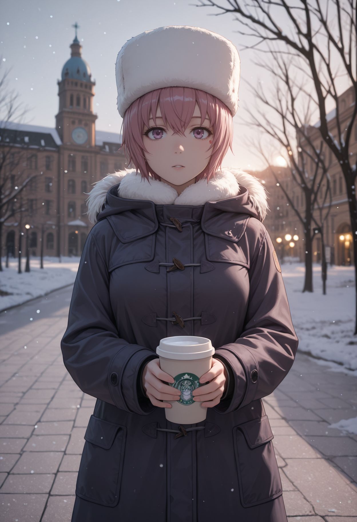 masterpiece,best quality,absurdres,highres,very aesthetic,high quality,detailed,insanely detailed,beautiful,perfect lighting, ,depth of field,blurry background,bokeh, looking at viewer, 
,  <lora:Sakuragi Naruha Illu :1> 1girl, short hair, pink hair, purple eyes, winter clothes, papakha, fur hat, incoming drink, giving, holding cup, coffee cup, outdoors, european architecture, moscow, park, bare tree, snowing,