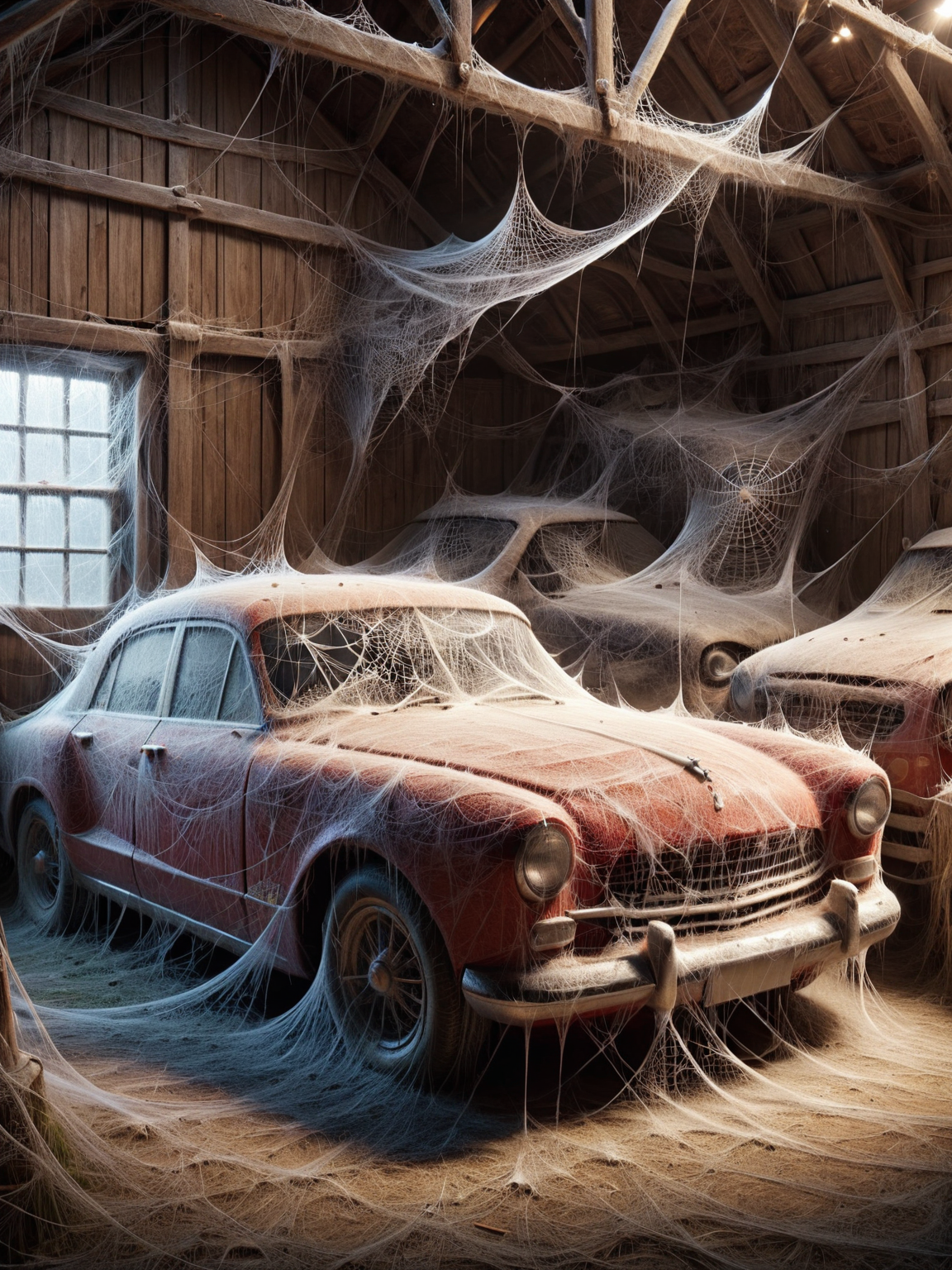 ais-webz classic car, in an old barn <lora:Cobweb_Style_SDXL:1>