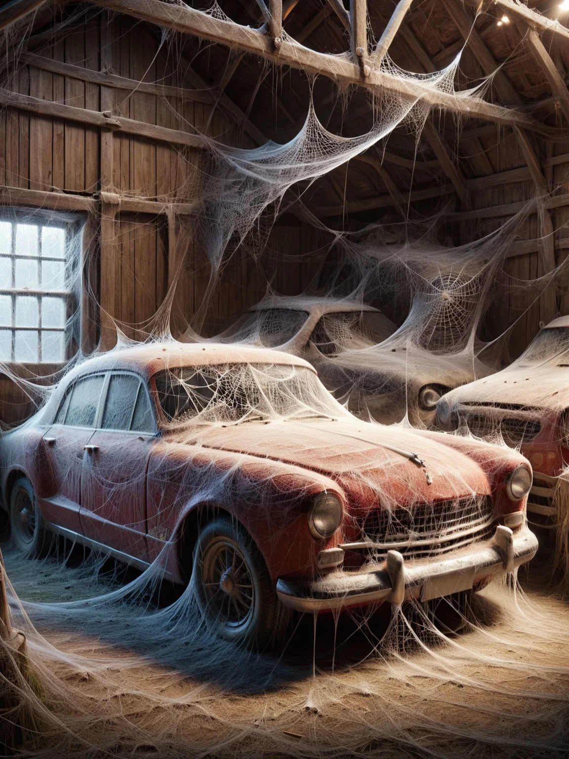 ais-webz classic car, in an old barn <lora:Cobweb_Style_SDXL:1>