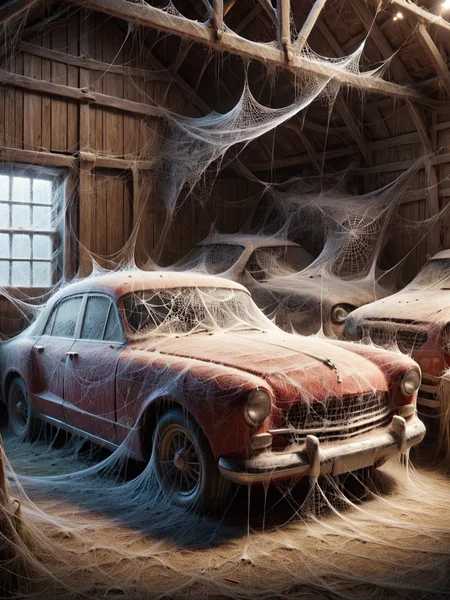 ais-webz classic car, in an old barn <lora:Cobweb_Style_SDXL:1>