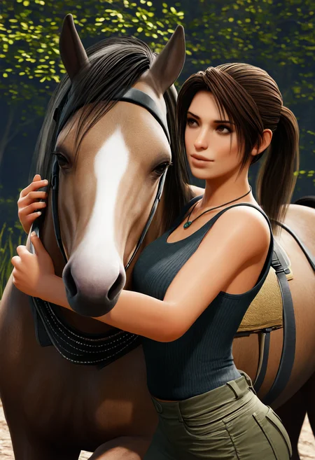 safe, masterpiece, very aesthetic, 3d, photorealism, realistic, 1girl, (lara croft:0.8), brown eyes, ponytail, necklace, tank top, pants, feral horse, hugging, outside, snout
 <lora:3DStyle_NAIXL_v20:1>