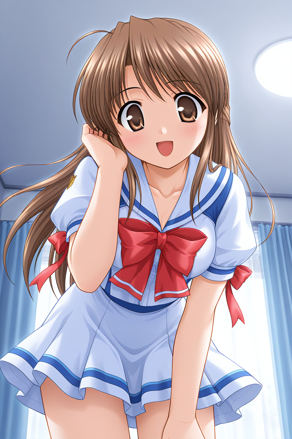 masterpiece, best quality, absurdres, official art, official style, rating general BREAK <lora:fujiedahonami_IL_v1-5:0.7>, fujieda honami, 1girl, solo, brown eyes, yellow eyes, brown hair, grey hair, ahoge, bangs, very long hair, half updo, medium breasts BREAK school uniform, serafuku, white dress, white sailor collar, collarbone, red bowtie, white shirt, arm ribbon, red ribbon, emblem, puffy short sleeves, waist ribbon, blue ribbon, white skirt, miniskirt, blue line skirt, blush, open mouth, smile, adjusting hair, looking at viewer, looking down, indoors, leaning forward, curtains, window, ceiling, close-up, dutch angle, cowboy shot, floating hair, wind lift, eye focus, high contrast, glowing at backlighting