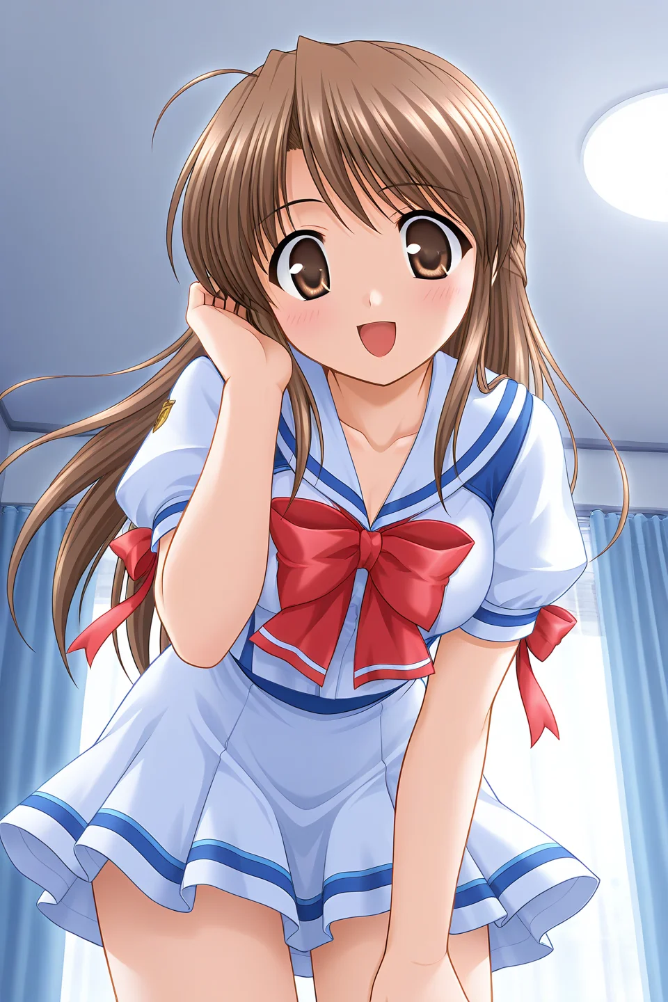 masterpiece, best quality, absurdres, official art, official style, rating general BREAK <lora:fujiedahonami_IL_v1-5:0.7>, fujieda honami, 1girl, solo, brown eyes, yellow eyes, brown hair, grey hair, ahoge, bangs, very long hair, half updo, medium breasts BREAK school uniform, serafuku, white dress, white sailor collar, collarbone, red bowtie, white shirt, arm ribbon, red ribbon, emblem, puffy short sleeves, waist ribbon, blue ribbon, white skirt, miniskirt, blue line skirt, blush, open mouth, smile, adjusting hair, looking at viewer, looking down, indoors, leaning forward, curtains, window, ceiling, close-up, dutch angle, cowboy shot, floating hair, wind lift, eye focus, high contrast, glowing at backlighting