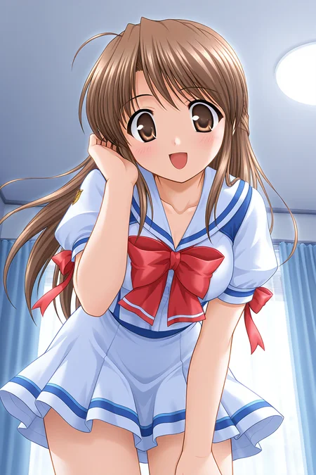 masterpiece, best quality, absurdres, official art, official style, rating general BREAK <lora:fujiedahonami_IL_v1-5:0.7>, fujieda honami, 1girl, solo, brown eyes, yellow eyes, brown hair, grey hair, ahoge, bangs, very long hair, half updo, medium breasts BREAK school uniform, serafuku, white dress, white sailor collar, collarbone, red bowtie, white shirt, arm ribbon, red ribbon, emblem, puffy short sleeves, waist ribbon, blue ribbon, white skirt, miniskirt, blue line skirt, blush, open mouth, smile, adjusting hair, looking at viewer, looking down, indoors, leaning forward, curtains, window, ceiling, close-up, dutch angle, cowboy shot, floating hair, wind lift, eye focus, high contrast, glowing at backlighting