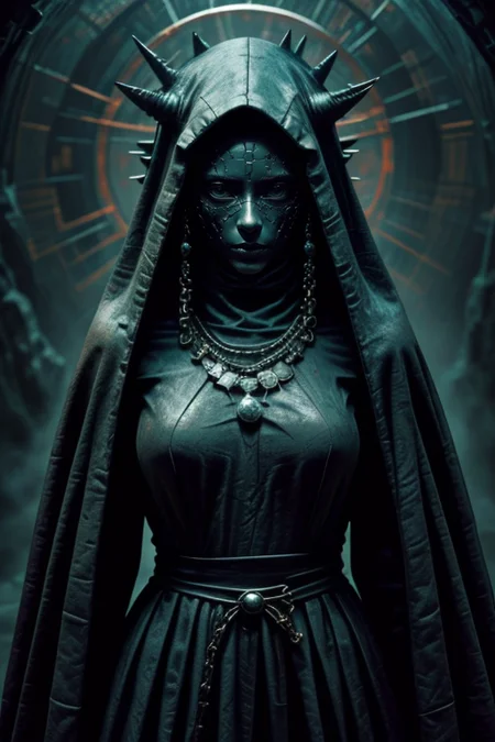 1girl,at distance,<lora:dungeon v1:0.7>,dungeon-background,dungeon,underground,stone wall,moss,<lora:cultiste:0.7>,cloak,hood up,robe,jewelry,chain,spike,<lora:Concept_-_Hella-sthetic_v2:0.7>,ceramic mask,the full and whole body,full length shot,, intricate, elegant, highly detailed, symmetry, magical atmosphere, sharp focus, majestic, very coherent, radiant, advanced, cinematic, artistic, fine detail, winning, beautiful, stunning, dramatic light, designed, rich deep colors, perfect professional background, ambient, tailored set composition