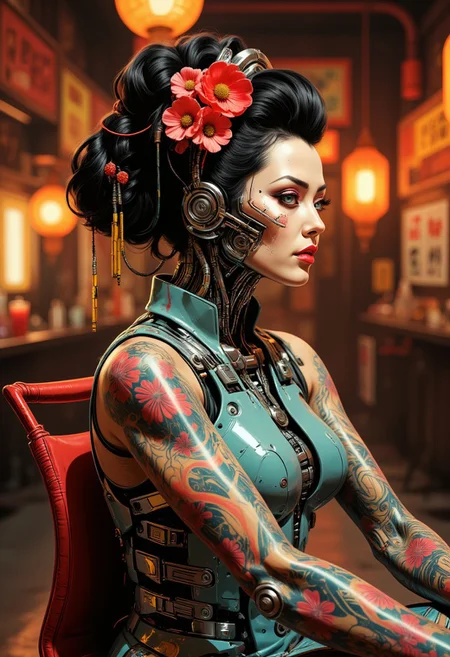 photo  of a full body geisha cyborg woman cc_cyborg with a detailed spin and cybernetic limbs. The image features a tattooed geisha android fflix-geisha seated and facing left. The android’s skin is adorned with intricate floral tattoos in vibrant reds, blues, and oranges, covering the shoulders, back, and arms. The android has an elaborate updo hairstyle decorated with red flowers, complementing the tattoo colors. The background is warmly lit with vintage-style lanterns, creating a cozy ambiance. (Fujicolor Superia X-TRA 400), (Light tracing), and (Dramatic lighting). Light and shadow by reij-snrs. Masterpiece, is pretty, best quality, high-res, extremely clear 8k wallpaper. HDR lighting, dramatic cinematic composition, UHD resolution, realistic texturing, advanced rendering techniques, and meticulous post-processing. In the eldoria style, no humans, tbh183