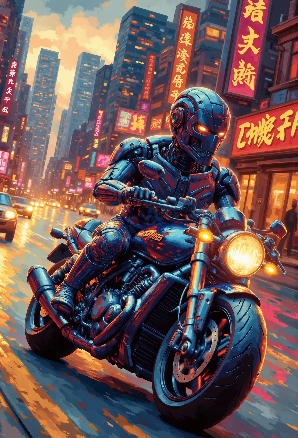 terminator style cyborg, sitting on a motor bike, driving fast in a city