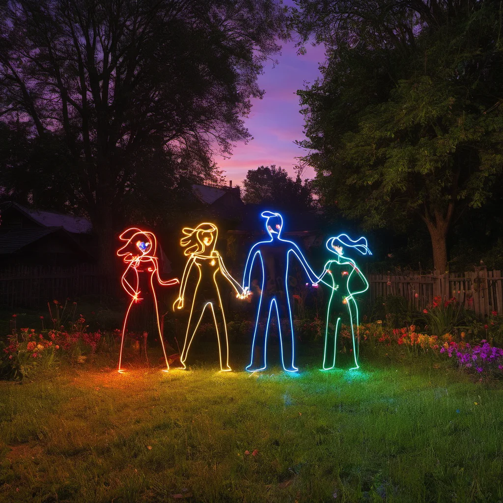 multicolored light painting of a family, garden background