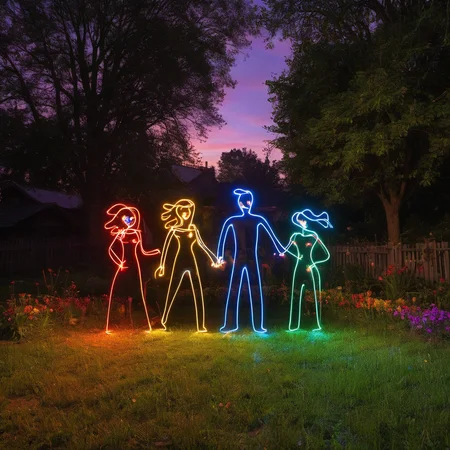 multicolored light painting of a family, garden background
