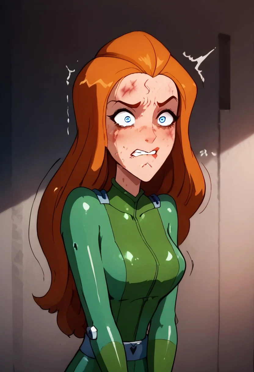 score_9, score_8_up, score_7_up, score_6_up, score_5_up,sam, totally spies,1girl, jungle,((((((offended))))))), ((((((extremely offended))))))), ,blue eyes, orange long hair, torn clothes,((purple dress)),((((((extremely loser)))))), ((green latex costume)),(((((beaten))))),(((((shiner)))),(((((extremely beaten))))), (((a lot of wounds))), ((((((clenched teeth))))one eye higher than another, twisted mouth, messed hair, messy hair, destroyed face, destroyed body, awful skin face,  long hair, makeup, lipstick, young, ((((skinny))))),(((busty petite)))) narrow waist, fragile, sexy, perfect body,dynamic pose, posing,  ((((((shaggy hair)))))), (((((bags under eyes))))),tired, tired af, extremely tired, tired eyes, huge amount of tireness, absolutely tired, ((((wants to die)))), almost die, eternally tired, pain, feeling pain, feeling strong pain, powerless, extremely tired eyes, bags under eyes, shiners, stupid, dumb, extremely stupid, extremely dumb, no brain, (((eye twitching))), nervous eye twitching, extremely hard eye twitching, totally burnt hair, sexy, horny, scared, in love, extremely dirty dress, hardly beaten fifty times, confused, deeply humiliated face, depressed face