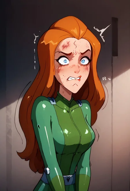 score_9, score_8_up, score_7_up, score_6_up, score_5_up,sam, totally spies,1girl, jungle,((((((offended))))))), ((((((extremely offended))))))), ,blue eyes, orange long hair, torn clothes,((purple dress)),((((((extremely loser)))))), ((green latex costume)),(((((beaten))))),(((((shiner)))),(((((extremely beaten))))), (((a lot of wounds))), ((((((clenched teeth))))one eye higher than another, twisted mouth, messed hair, messy hair, destroyed face, destroyed body, awful skin face,  long hair, makeup, lipstick, young, ((((skinny))))),(((busty petite)))) narrow waist, fragile, sexy, perfect body,dynamic pose, posing,  ((((((shaggy hair)))))), (((((bags under eyes))))),tired, tired af, extremely tired, tired eyes, huge amount of tireness, absolutely tired, ((((wants to die)))), almost die, eternally tired, pain, feeling pain, feeling strong pain, powerless, extremely tired eyes, bags under eyes, shiners, stupid, dumb, extremely stupid, extremely dumb, no brain, (((eye twitching))), nervous eye twitching, extremely hard eye twitching, totally burnt hair, sexy, horny, scared, in love, extremely dirty dress, hardly beaten fifty times, confused, deeply humiliated face, depressed face