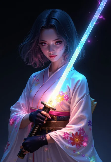 A young woman with shoulder-length wavy iridescent hair is shown from the torso up, holding a glowing katana in front of her. She is wearing a traditional kimono that is white with iridescent, vibrant floral patterns in shades of pink, orange, blue, and green. The katana has a glowing, rainbow-colored blade, with the hilt held firmly in both her hands. Her right hand, visible and ungloved, grips the handle near the bottom, while her left hand, wearing a black glove, is placed near the guard. Her expression is calm, her gaze lowered. The kimono drapes softly over her form, and colorful, ethereal flowers seem to emerge from the fabric. The background is dark and minimal, which contrasts sharply with the vibrant light coming from the sword and the glowing floral patterns on her clothing. The lighting emphasizes the soft glow of the sword and flowers, creating a magical, serene atmosphere. The perspective is a close-up shot focusing on the upper half of her body, highlighting the intricate details of her kimono and the vibrant, colorful light effects, drkfnts style,