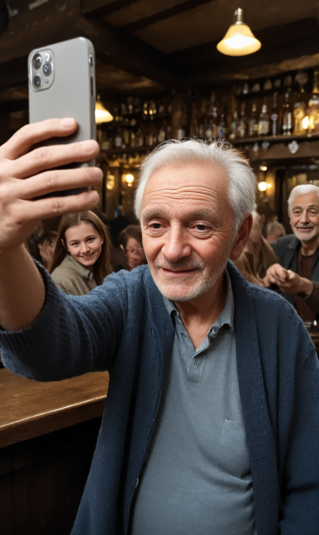 TkSelf old man taking selfie in a crowded pub  <lora:TakeSelfie:1>