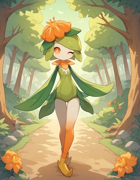 score_9, score_8_up, score_7_up, Hilligant, leaf arms, orange flower, pokemon \(creature\), full body, looking at viewer, dark forest, hills, flowers, bushes, trees, standing, one eye closed, <lora:cefaa866-a58e-40ba-a219-79ab392f7d60:1.0>, <lora:9a709bb3-a348-47c9-a021-a83e3dca5b32:0.9>