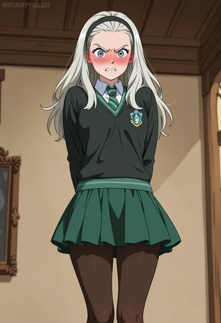 anime coloring, 1girl, long hair, platinum hair, grey-blue eyes, fem!Draco Malfoy, hairband, jewerly, Slytherin school uniform, skirt, starrying at Potter, blush, aristocratic, slytherin, embarrassed, angry, mini skirt, pantyhose