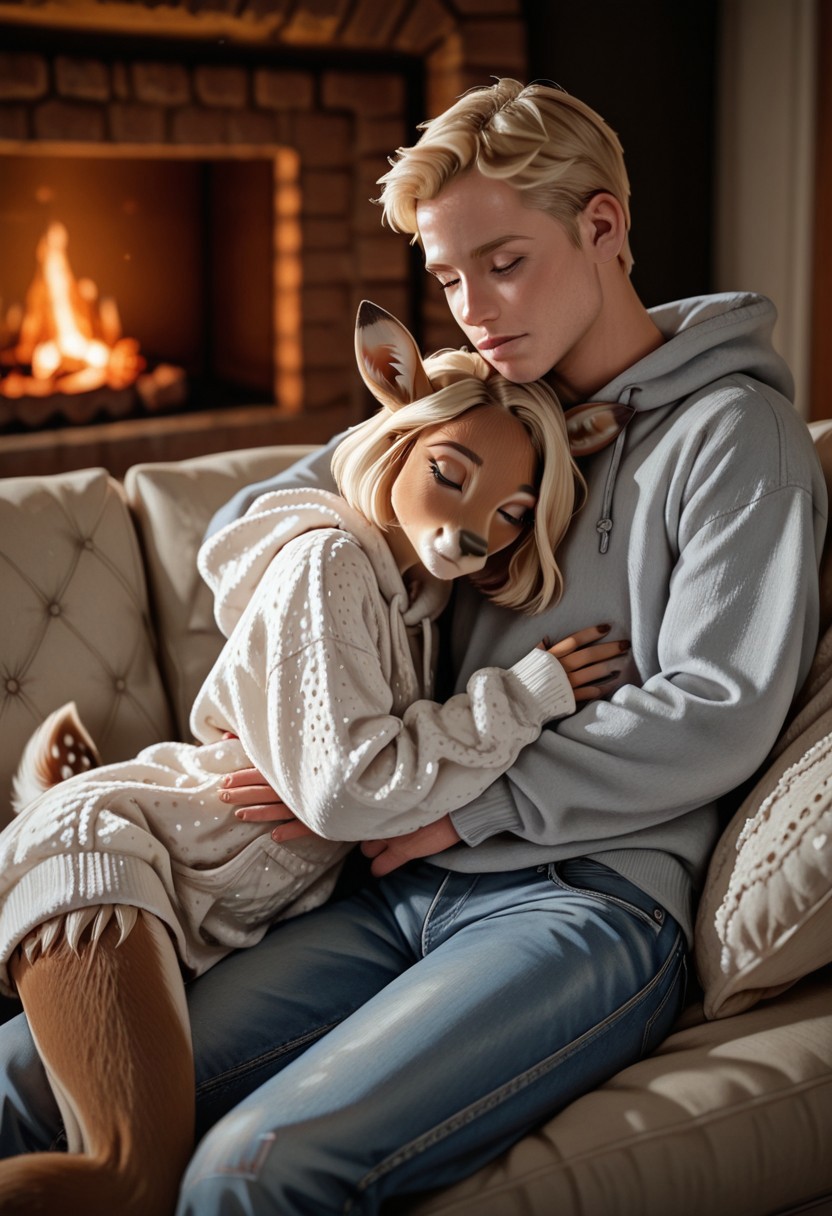 photo style, Realistic male human and female fawn furry, 1girl, 1boy, duo, petite sexy fawn furry with fluffy dotted fur, short bob-cut hair, realistic texture, ears perked up, wearing a cozy oversized sweater, human man with short blond hair in casual jeans and a hoodie, cuddling on a couch, soft blankets around them, fireplace casting a warm glow, peaceful and relaxing atmosphere, cinematic realism, high quality, close-up shot, slightly tilted angle, affectionate, tender..