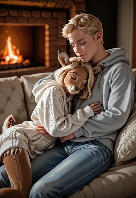 photo style, Realistic male human and female fawn furry, 1girl, 1boy, duo, petite sexy fawn furry with fluffy dotted fur, short bob-cut hair, realistic texture, ears perked up, wearing a cozy oversized sweater, human man with short blond hair in casual jeans and a hoodie, cuddling on a couch, soft blankets around them, fireplace casting a warm glow, peaceful and relaxing atmosphere, cinematic realism, high quality, close-up shot, slightly tilted angle, affectionate, tender..