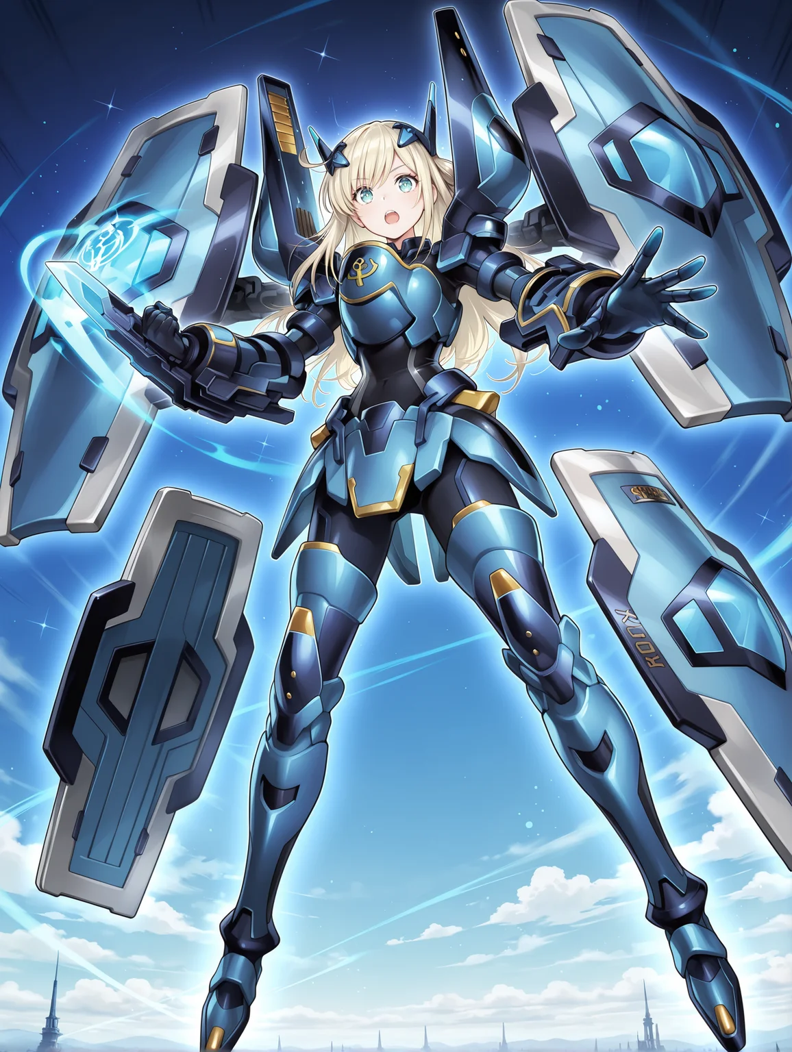 official art,sky striker ace - raye,blue power armor,official alternate costume,mecha musume,1girl,black bodysuit,from below,solo,open mouth,open hand,looking at viewer,floating blue shield,blue mechanical boots,blue armored gloves,blue breastplate,blue headgear,full body,multiple shields,
masterpiece,best quality,amazing quality,very aesthetic,absurdres,newest,<lora:Sky striker ace - Raye illusXL v1:0.75>,