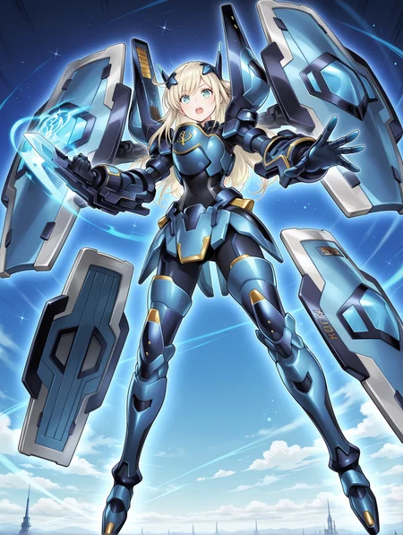 official art,sky striker ace - raye,blue power armor,official alternate costume,mecha musume,1girl,black bodysuit,from below,solo,open mouth,open hand,looking at viewer,floating blue shield,blue mechanical boots,blue armored gloves,blue breastplate,blue headgear,full body,multiple shields,
masterpiece,best quality,amazing quality,very aesthetic,absurdres,newest,<lora:Sky striker ace - Raye illusXL v1:0.75>,