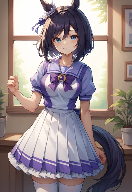 score_9, score_8_up, source_anime, 1girl, solo, EishinUniform, animal ears, ear ornament, tail, medium hair, white sailor collar, purple shirt, purple bow, short sleeves, white skirt, white thighhighs, indoors, window, smile, <lora:ChamEishinFlashPonyXL:1>
