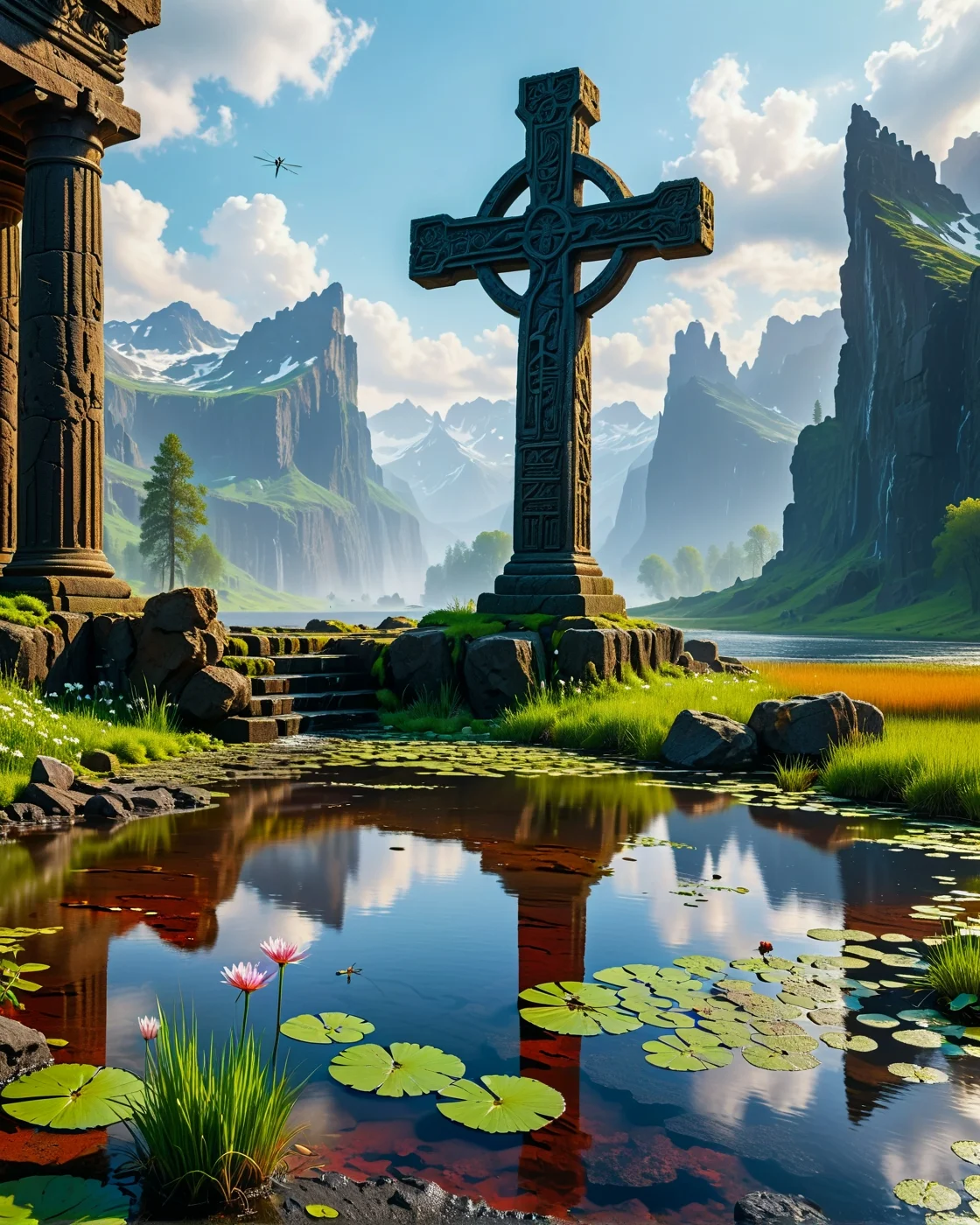 Surreal Landscape ,Creator Landscape,(style ofAlbert Bierstadt (epic scale)),Basalt columns along foaming shore,dragonfly over pond scum,medieval boundary cross,
<lora:extremely_detailed:0.8> extremely detailed,
<lora:add-detail-xl:0.3>,
<lora:dreamshaperXL10_lora:0.3>
detailxl,
advntr,