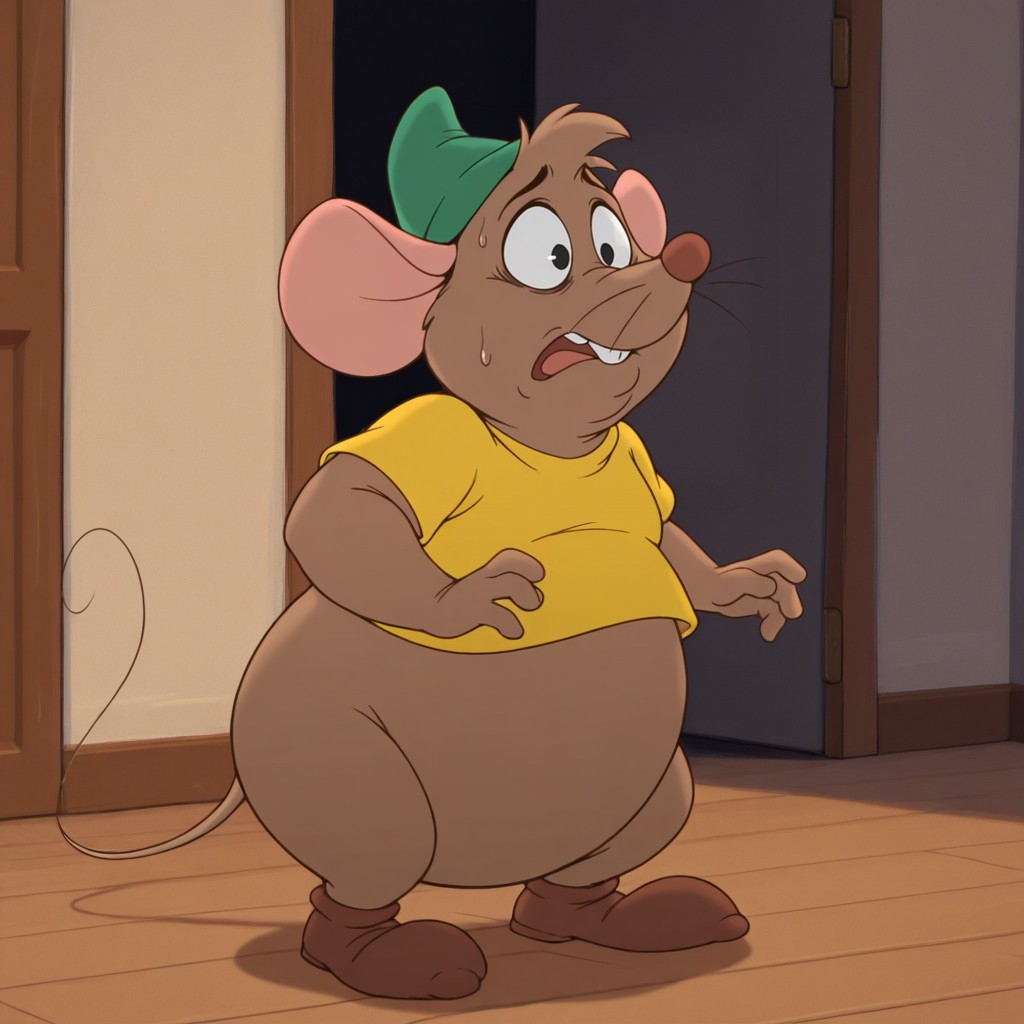 masterpiece, best quality, amazing quality, gusgus, male, furry male, solo, anthro, mouse, brown fur, short hair, black eyes, brown nose, whiskers, buck teeth, tail, chubby, green hat, yellow shirt, brown shoes, standing, scared, wide-eyed, indoors, living room