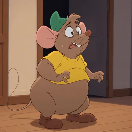 masterpiece, best quality, amazing quality, gusgus, male, furry male, solo, anthro, mouse, brown fur, short hair, black eyes, brown nose, whiskers, buck teeth, tail, chubby, green hat, yellow shirt, brown shoes, standing, scared, wide-eyed, indoors, living room