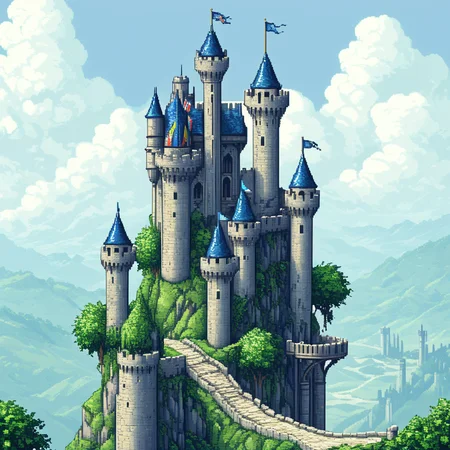 <lora:Pixel_Art_Styles:1> ArsMJStyle, Pixel Art , ManyP, Fantasy Castle, The image depicts a grand fantasy castle perched on a hilltop, with intricate towers, battlements, and flags waving in the wind. The pixel art is highly detailed, with fine textures on the stone walls and lush greenery surrounding the castle. The color palette is rich, with deep blues, greens, and grays creating a majestic atmosphere., castle, hilltop, towers, battlements, flags, detailed, high resolution, rich colors, blue, green, gray, majestic, fantasy, landscape