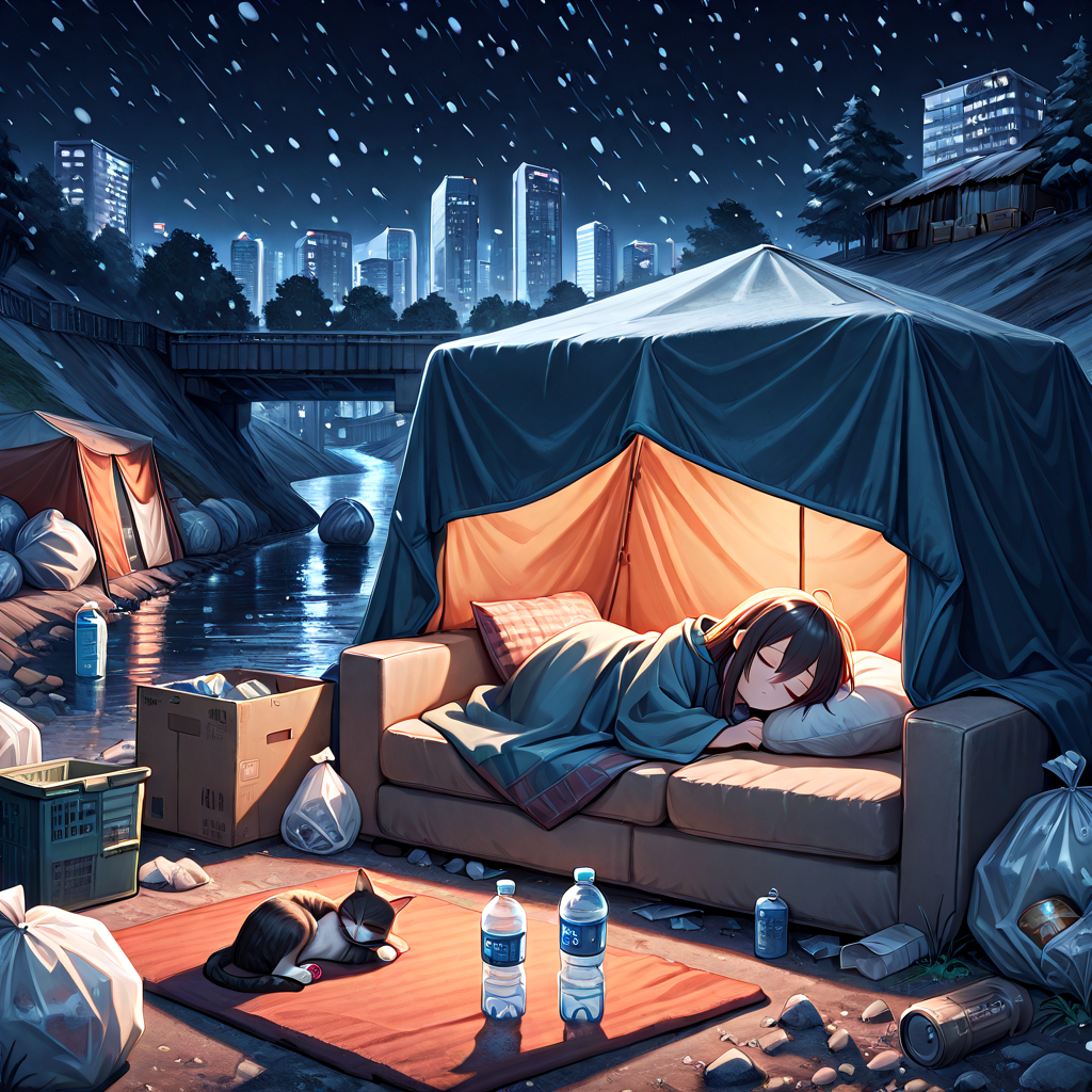 absurdres, explicit, shack under bridge, deep shadow, lying on sofa, sleeping, 1girl, light frown, blanket, covering with blanket, cat, box, fog, city, tree, rock, weeds, ruins, river, water, building, scenery, outdoors, trash bag, water bottle, awning, tent interior, night, night sky, city lights, snow, snowing, snowflakes, <lora:girlhateshackunderbridge_ilxl:1>