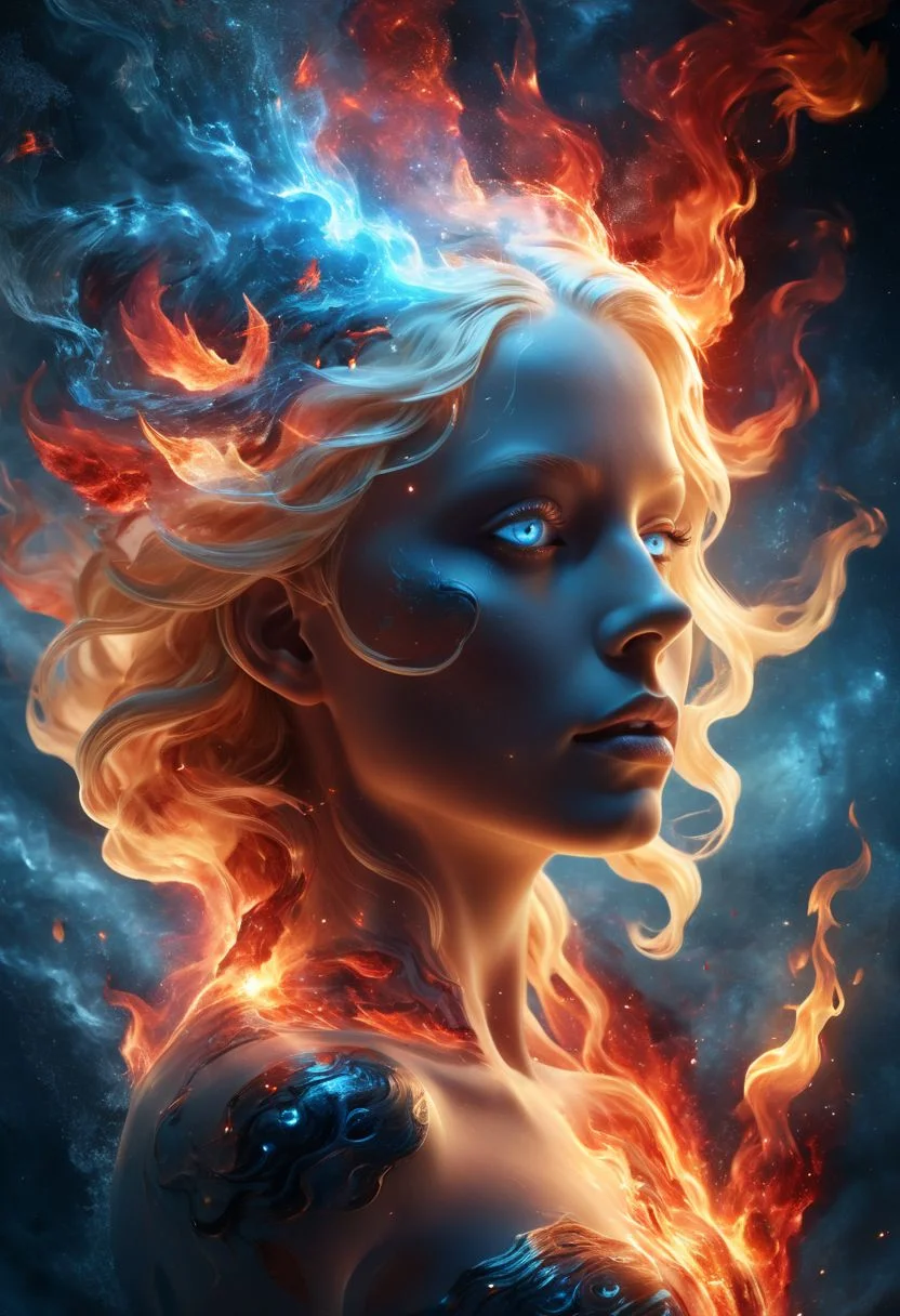 silhouette of a cosmic goddess, blonde hair, blue red eyes, holding elements inside her hand, (masterpiece, best quality, highly detailed,4k, HD, artstation), (magical, air, fire, water, earth:1.2), composed of fire elements