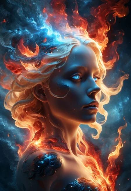 silhouette of a cosmic goddess, blonde hair, blue red eyes, holding elements inside her hand, (masterpiece, best quality, highly detailed,4k, HD, artstation), (magical, air, fire, water, earth:1.2), composed of fire elements