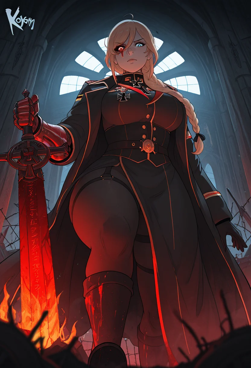 masterpiece, best quality, amazing quality, very aesthetic, absurdres, newest, realistic,
1girl, mature woman, long braided hair, blond hair, steel blue eyes, pale skin, serious expression, military coat with gold trim, black corset, Iron Cross medal, Prussian eagle emblem, tight black gloves, jackboots, armored skirt, industrial background, gears and steam, old train, Gothic spires, divided Berlin Wall behind her, one side cracked, other side clean, black red gold flag, broken WW2 relics in snow, eagle, barbed wire, roses in ash, ceremonial sword sheathed, bloody gauntlet, blood, bloody clothes, mechanical arm detail, flame in one eye, restrained power, fog, cold lighting with fire accents, philosophical, tragic and strong, past and future, looking at viewer, curvy, (thick thighs, wide hips), foreshortening, from below, <lora:Koyorin_Style-IL:1> pkkoyorin