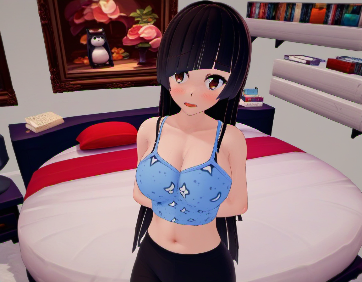 zPDXL, zPDXLxxx, score_9, score_8_up, score_7_up, score_6_up, score_5_up, score_4_up, BREAK  <lora:Touka_from_LiL_PonyXL:1>, pajamas_touka, 1girl, solo, breasts, indoors, navel, arms behind back, bed, midriff, cleavage, looking at viewer, medium breasts, open mouth