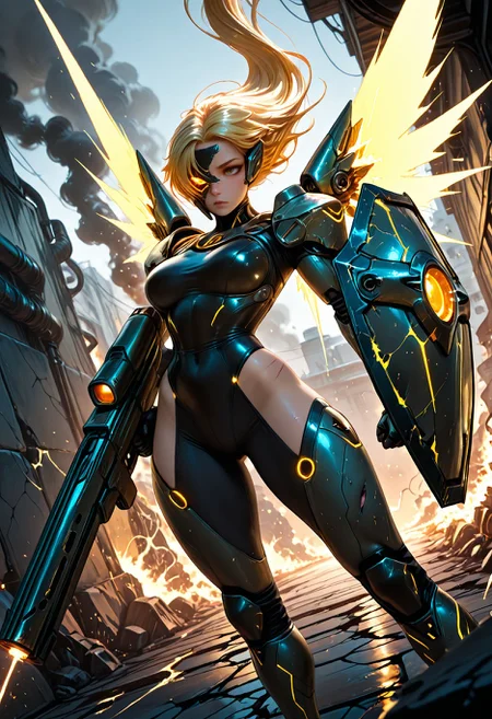 SmoothNoob_Quality, dynamic compasition, 1girl, long floating hair, mech warrior, machine, bulky, strong, massive, dutch angle,foreshortening, glowing, smoke, neon trim, holding weapon,(holding huge gun), holding large shield, cracked visor, cracked wall, cracked floor, battle damage, energy wings, yellow sparks, yellow electricity,