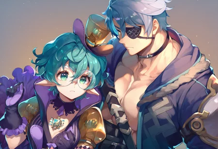 (score_9:0.9),score_8_up,score_7_up,anime style,rating_safe,(zPDXL),<lora:XB2 Pandoria and Zeke ponyXL v2:0.8>,black jacket,top hat,zeke,Pandoria,purple outfit,purple gloves,1girl,1boy,closed mouth,muscular male,