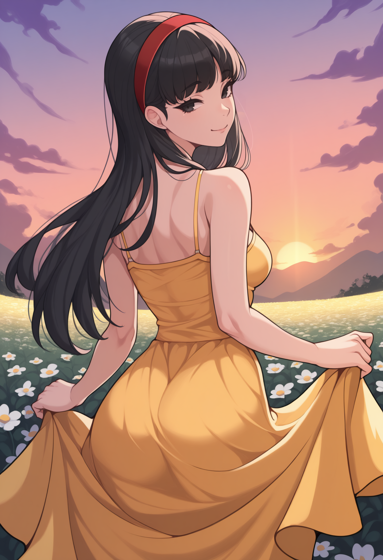 masterpiece, best quality, newest, from behind, solo, 1girl, yuk1kodef, smile, looking back, skirt hold, long hair, black hair, red hairband, black eyes, yellow sundress, spaghetti strap, bare shoulders, outdoors, sunset, cloud, flower field
<segment:yolo-Anzhc Face seg 640 v3 y11n.pt,0.4,1//cid=11>