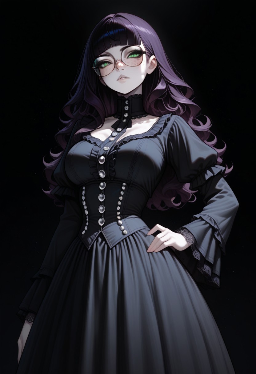 high_quality, highres, detailed, masterpiece, best quality, absurdres,Claudia, ClaudiaRH,  long dark Violet hair, wavy hair, blunt bangs, green eyes, big squared eyeglasses, big breasts, slim, pale skin, freckles, wearing Jedgthd, gothic dress, black lace , high neck, long ruffled sleeves, silver buttons, black background,,  model_pose_one_hand_on_hip,