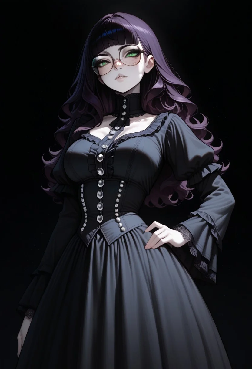 high_quality, highres, detailed, masterpiece, best quality, absurdres,Claudia, ClaudiaRH, long dark Violet hair, wavy hair, blunt bangs, green eyes, big squared eyeglasses, big breasts, slim, pale skin, freckles, wearing Jedgthd, gothic dress, black lace , high neck, long ruffled sleeves, silver buttons, black background,, model_pose_one_hand_on_hip,