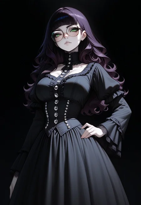 high_quality, highres, detailed, masterpiece, best quality, absurdres,Claudia, ClaudiaRH, long dark Violet hair, wavy hair, blunt bangs, green eyes, big squared eyeglasses, big breasts, slim, pale skin, freckles, wearing Jedgthd, gothic dress, black lace , high neck, long ruffled sleeves, silver buttons, black background,, model_pose_one_hand_on_hip,